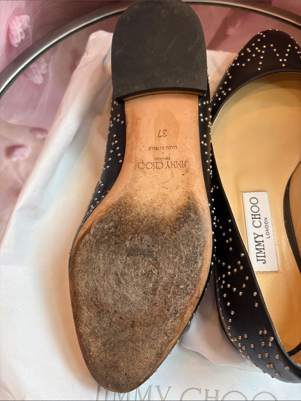 Authentic Jimmy Choo Black Leather Jessie Studded Flats - Picture 4 of 12